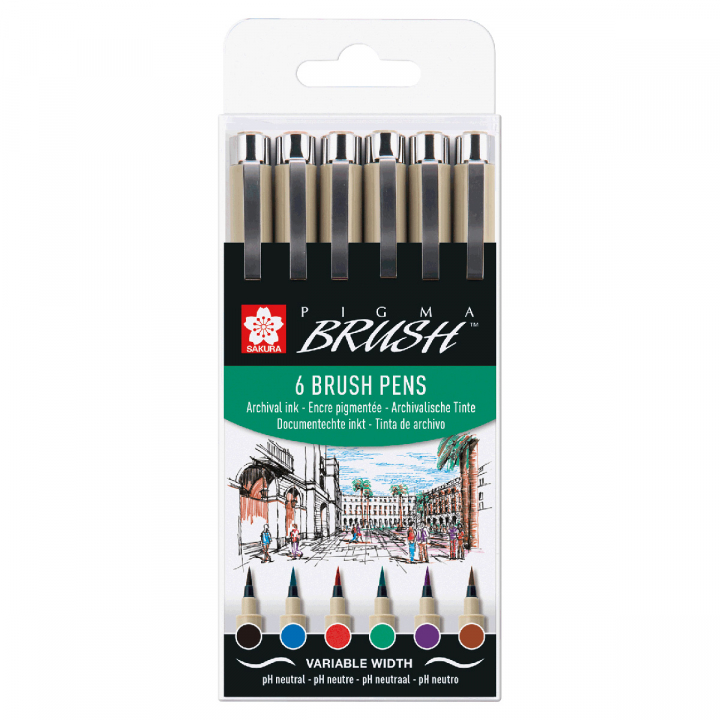 Pigma Brush 6-set Basic Colours ryhmässä Kynät / Kirjoittaminen / Finelinerit @ Pen Store (125579)