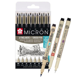 Pigma Micron Fineliner 6-setti + 1 Brush Pen + 1 PN ryhmässä Kynät / Kirjoittaminen / Finelinerit @ Pen Store (103855)